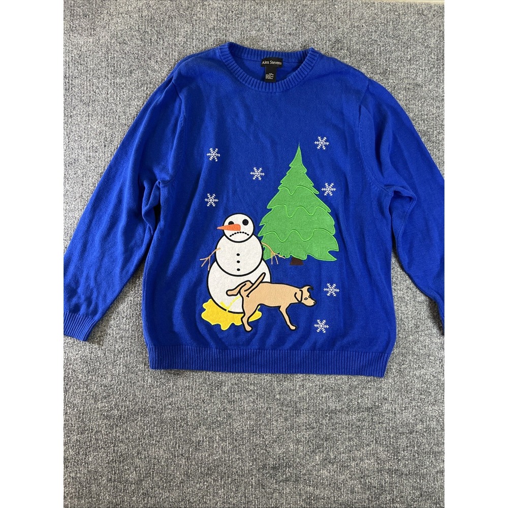 Alex Stevens Ugly Sweater Men's XXL Blue Dog Peeing on Snowman Christmas Party